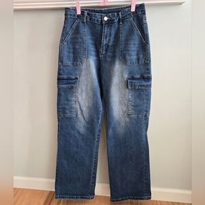 Classic Denim Jeans Dark Wash, Cargo Pockets Distressed Size XL